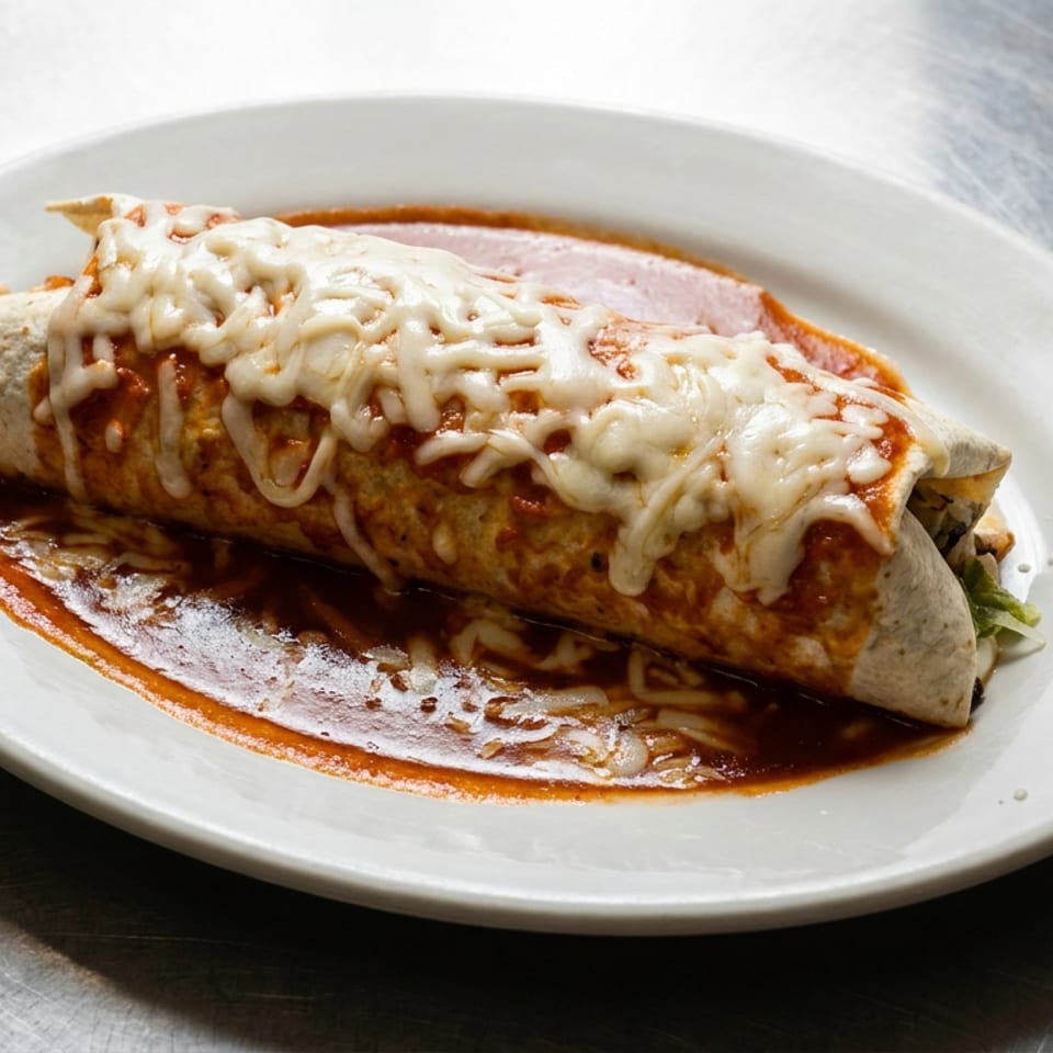 Cheesy burrito smothered in red sauce on a white plate atop a stainless steel table.