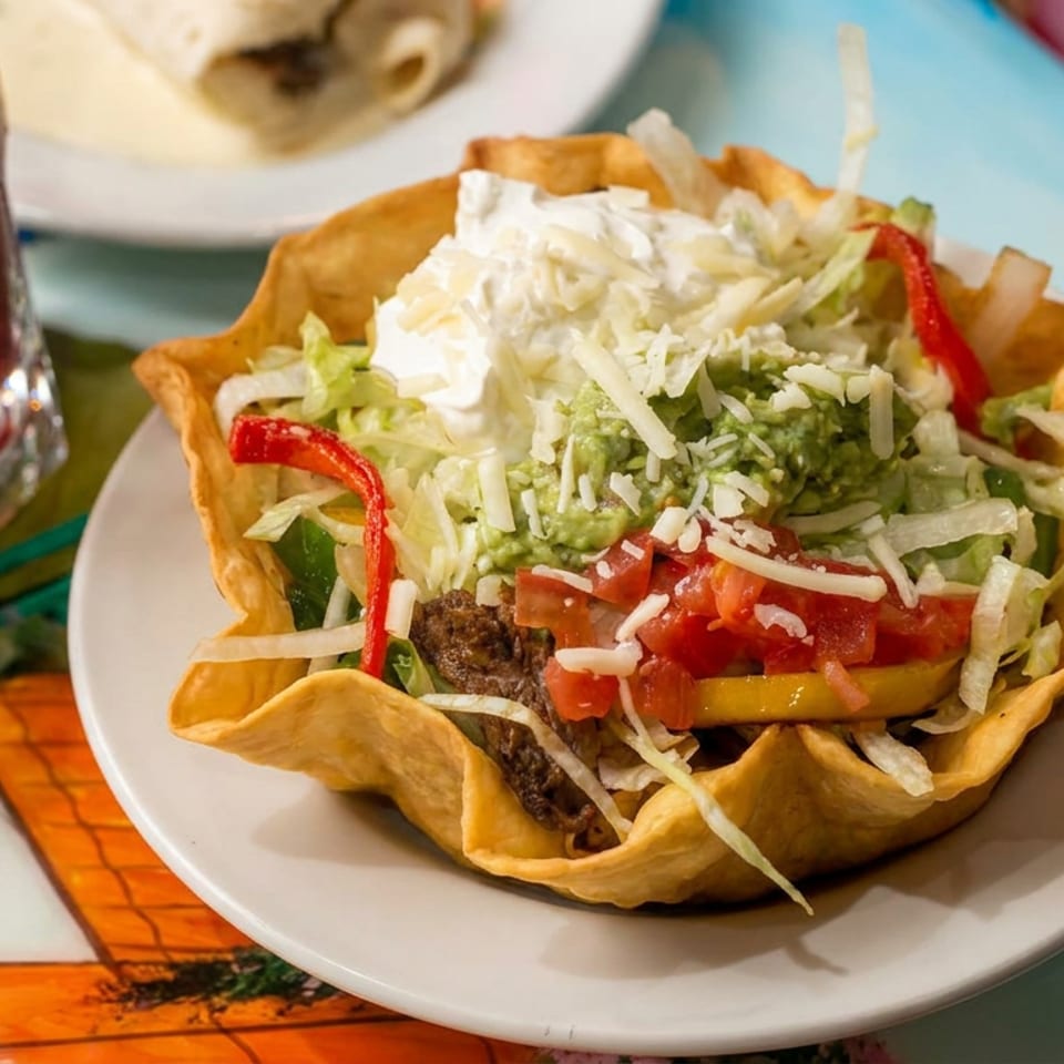Crispy taco salad bowl topped with seasoned beef, lettuce, guacamole, sour cream, tomatoes, peppers, and shredded cheese beside a dark soda.