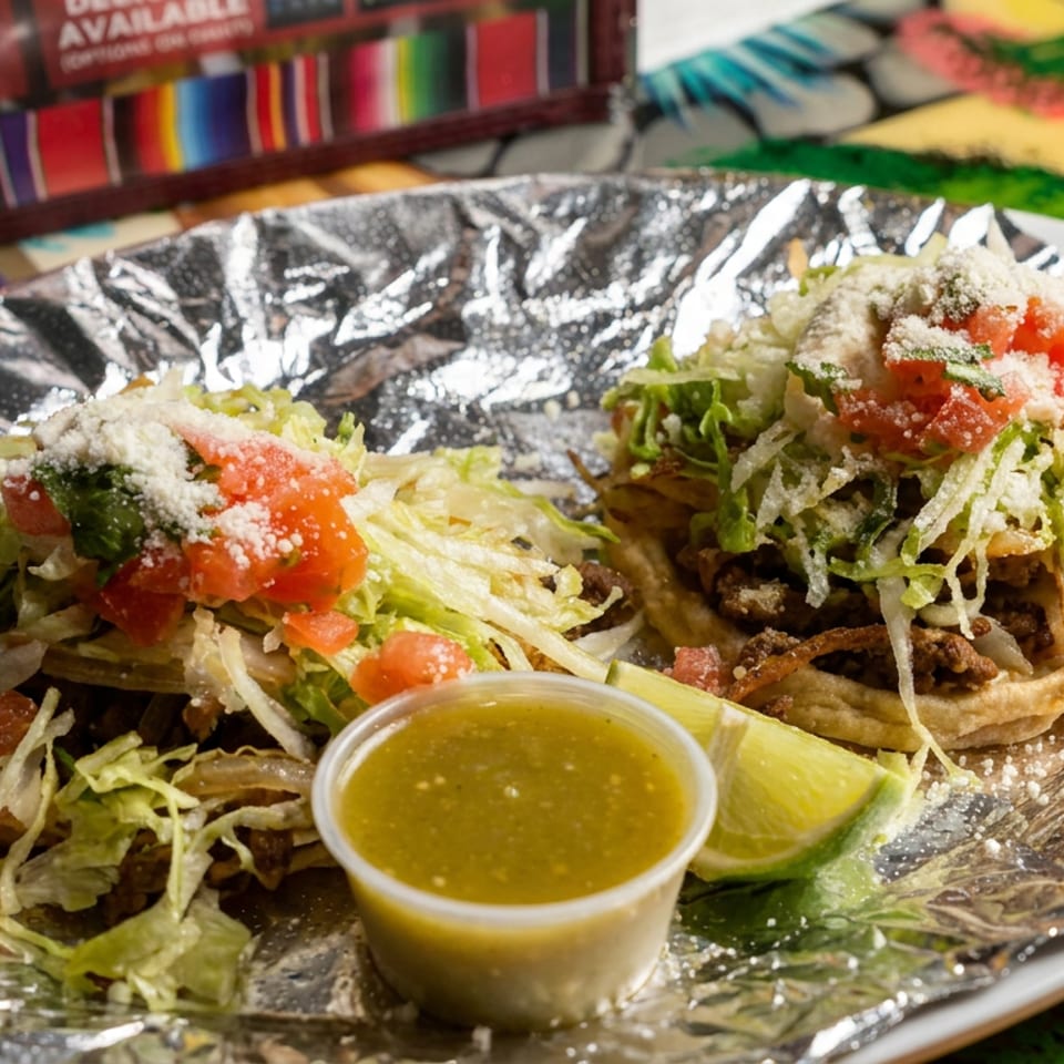 Two loaded tacos topped with lettuce, tomatoes, cheese, and meat, served with green salsa and lime on a foil-lined plate.