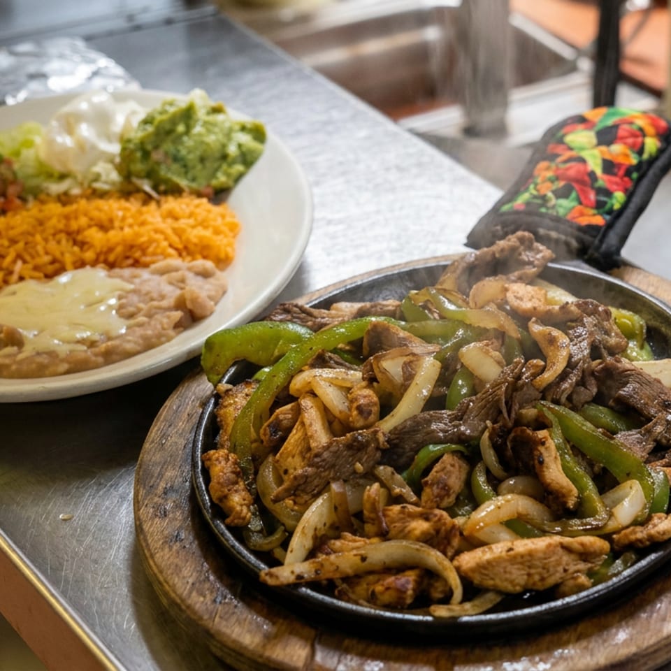 Sizzling fajita skillet with steak, chicken, peppers, and onions beside Mexican rice, beans, guacamole, and a sauced enchilada.